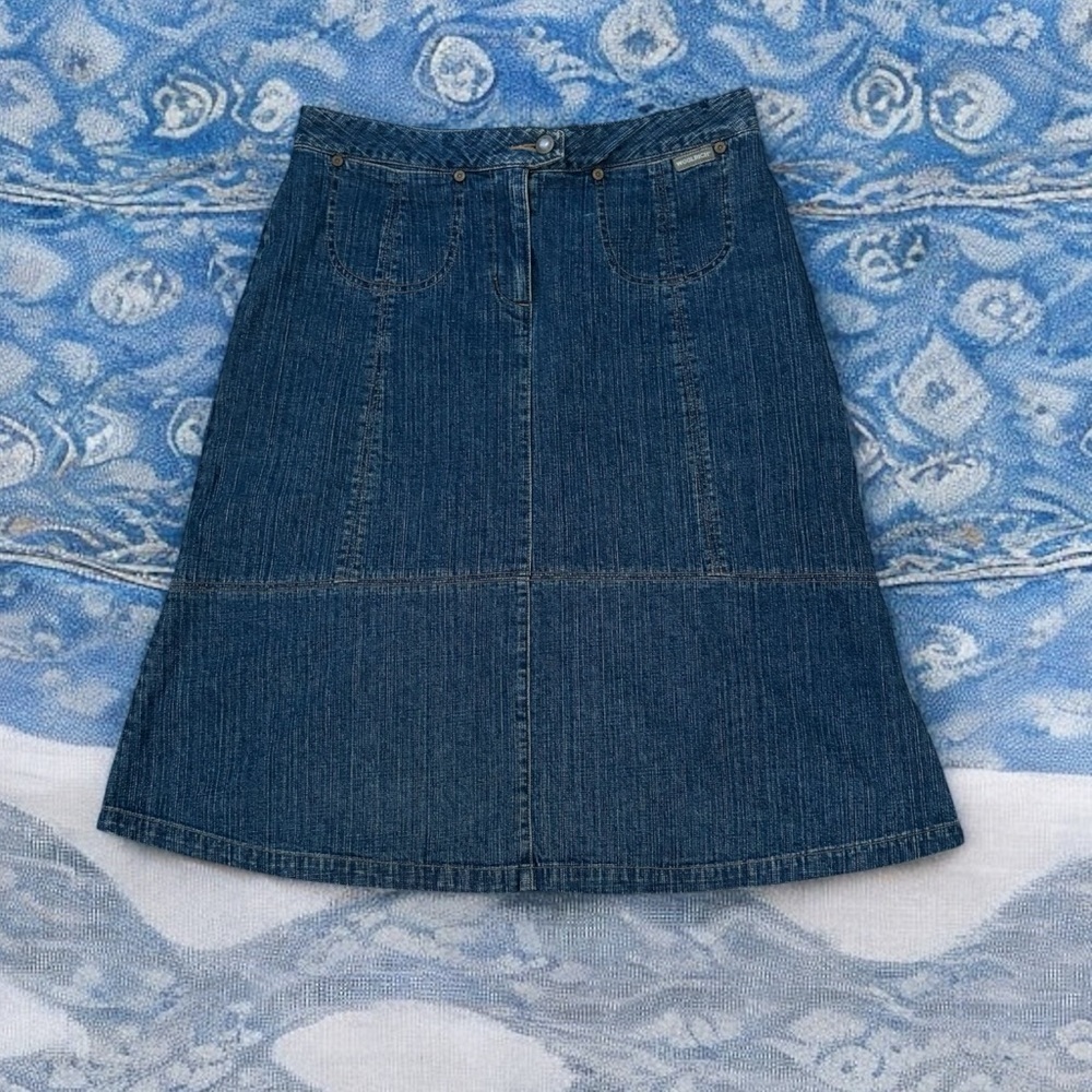 Vintage WOOLRICH (M) Denim A-Line Skirt Cotton Stretch Pockets Zip Button Jean